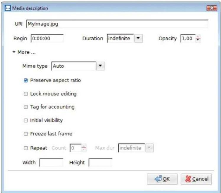 Media description URI MyImage.jpg Begin 0:00:00 Duration indefinite Opacity 1.00 More ... Mime type Auto Preserve aspect ratio Lock mouse editing Tag for accounting Initial visibility Freeze last frame Repeat Count 0 Max dur indefinite Width Height OK Cancel