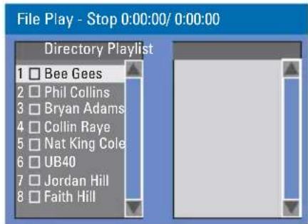 File Play - Stop 0:00:00/ 0:00:00 Directory Playlist 1 Bee Gees 2 Phil Collins 3 Bryan Adams 4 Collin Raye 5 Nat King Cole 6 UB40 7 Jordan Hill 8 Faith Hill
