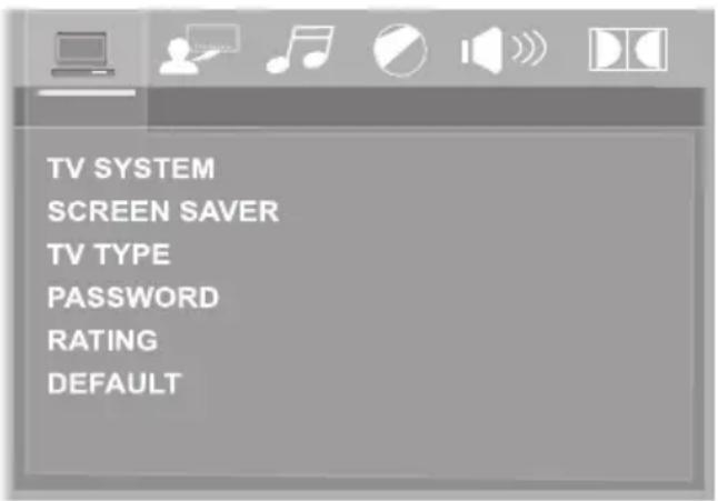 TV SYSTEM SCREEN SAVER TV TYPE PASSWORD RATING DEFAULT