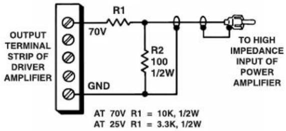OUTPUT TERMINAL STRIP OF DRIVER AMPLIFIER 70V R1 R2 100 1/2W GND TO HIGH IMPEDANCE INPUT OF POWER AMPLIFIER AT 70V R1 = 10K, 1/2W AT 25V R1 = 3.3K, 1/2W