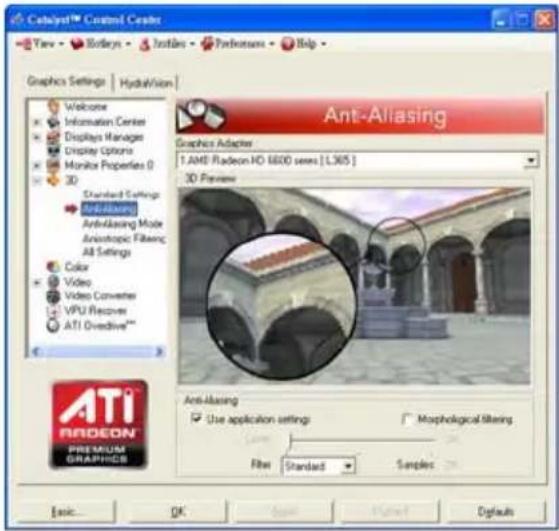 Cateyst™ Control Center Yaw • EBayes • Instles • Preferences • Help Graphics Settings | HydralVision Welcome Information Center Displays Manager Display Options Monitor Properties (0) 3D Standard Settings Ant-aliasing Ant-aliasing Mode Antistropic Filtering All Settings Color Video Video Converter VPU Receiver ATI Ovredive™ Anti-Aliasing Use application settings Morphological filtering Filter Standard Samples Basic OK Sample Advanced Defaults