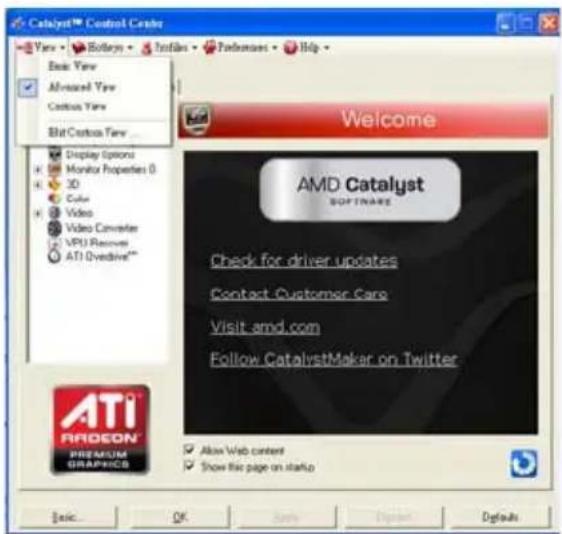 Catalyst™ Control Center View Bolloye Tnfias Performance Help Basic View Advanced View Custom View Bit Custom View... Display Options Monitor Properties 0 3D Color Video Video Converter VPU Receiver ATI Overdrive™ Welcome AMD Catalyst SOFTWARE Check for driver updates Contact Customer Care Visit email.com Follow CatalystMaker on Twitter ATI PROEON® PREMIUM GRAPHICS® Allow Web content Show the page on starto Basic... OK Apply Edit Defaults Defaults
