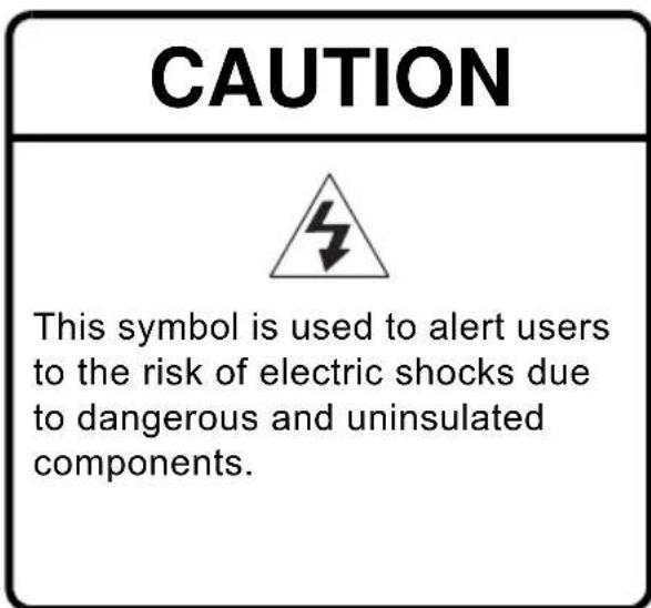 CAUTION This symbol is used to alert users to the risk of electric shocks due to dangerous and uninsulated components.