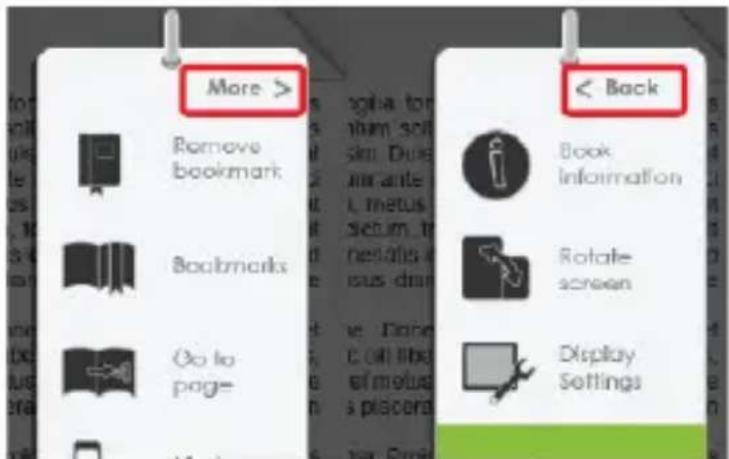 More > Remove bookmark Bookmarks Go to page Back < Back Book Information Rotate screen Display Settings