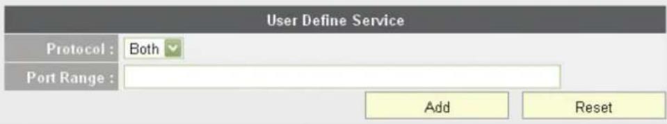 User Define Service Protocol : Both Port Range : Add Reset