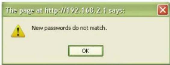 The page at http://192.168.2.1 says: New passwords do not match. OK