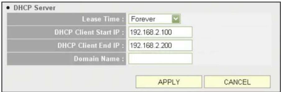 DHCP Server Lease Time : Forever DHCP Client Start IP : 192.168.2.100 DHCP Client End IP : 192.168.2.200 Domain Name : APPLY CANCEL