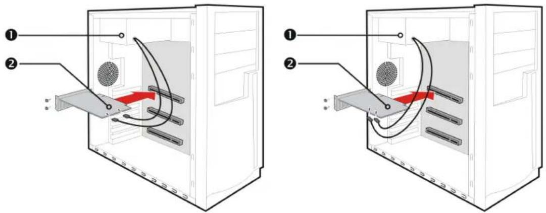 Diagram showing two views of a computer tower with labeled components and red arrows indicating motion or movement.