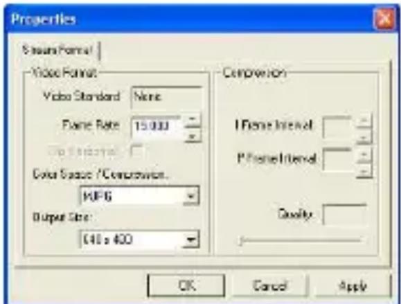 Properties S - Image Format | Video Format Video Standard None Flame Rate 15.000 Color Space / Compression. KIF6 Output Size: 440 x 400 Compression I Frame Interval P Frame Interval Quality OK Cancel Apply