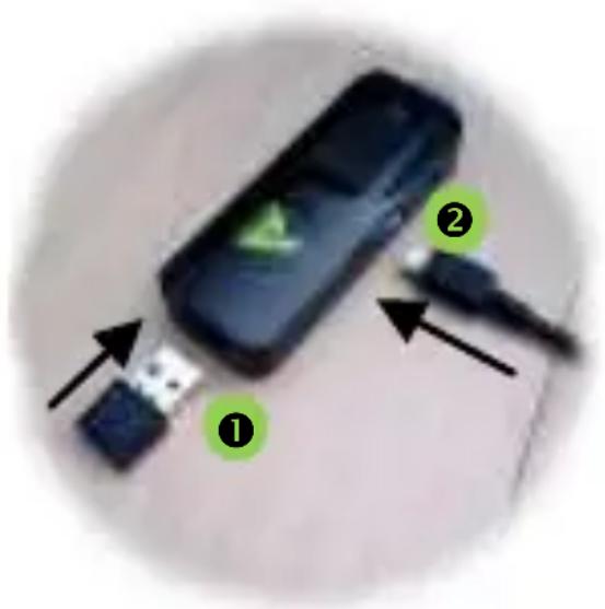 Image showing a device with labeled parts: a USB port, a USB cable, and a connector, marked with arrows pointing to each component.
