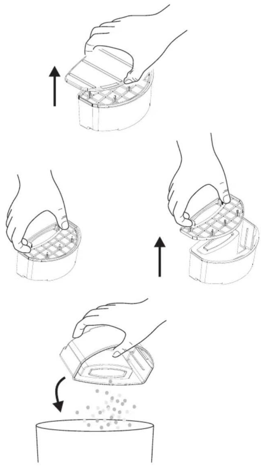 Diagram illustrating three steps of a food preparation procedure, showing hand positioning and shifting a container into a bowl.