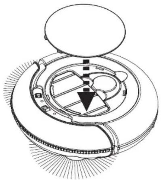 Technical line drawing of a mechanical device with internal components and a central arrow (no text or symbols)