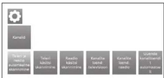 Kanalid Teleri ja reedio automaatne skannimine Teleri källisi skannimine Reedio källisi skannimine Kanalite loond televispoori Kanalite loond teodio Uvendä kanellisendi t automaatse lt