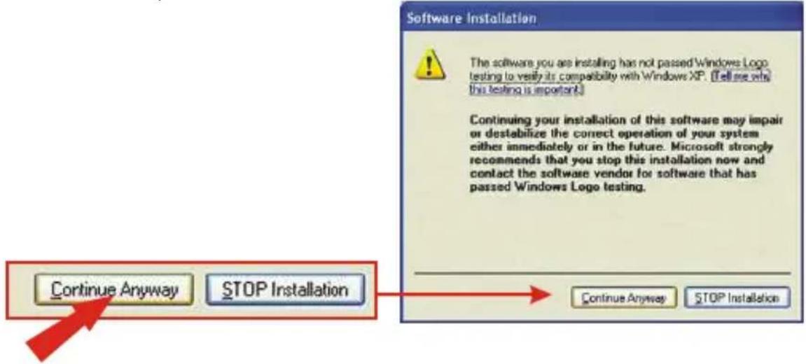 Software Installation The software you are installing has not passed Windows Logo testing to verify its compatibility with Windows XP. (Tell me with this testing is important.) Continuing your installation of this software may impair or destabilize the correct operation of your system either immediately or in the future. Microsoft strongly recommends that you stop this installation now and contact the software vendor for software that has passed Windows Logo testing. Continue Anyway STOP Installation Continue Anyway STOP Installation