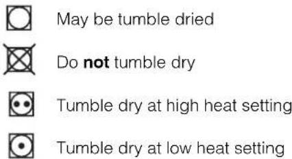 May be tumble dried Do not tumble dry Tumble dry at high heat setting Tumble dry at low heat setting