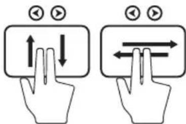 Diagram showing hand gesture application with finger and finger movement arrows, labeled with play button icons