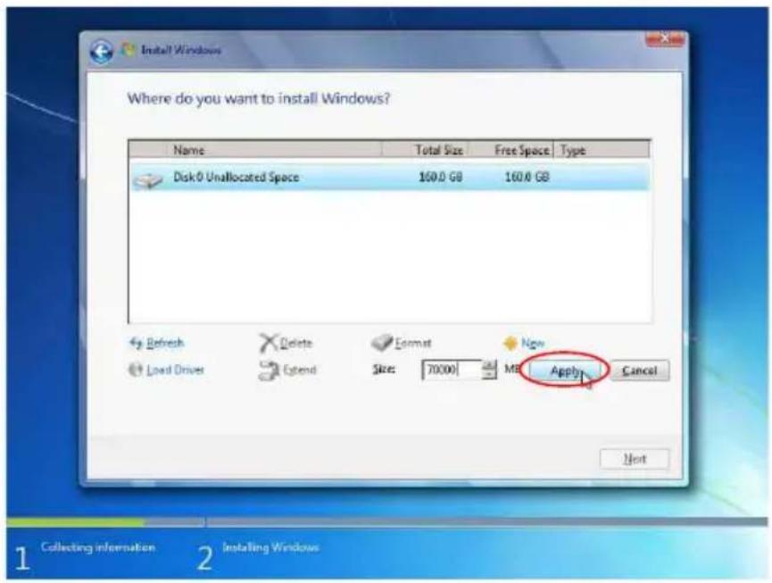 Where do you want to install Windows? Name Total Size Free Space Type Disk 0 Unallocated Space 160.0 GB 160.0 GB Refresh Delete Format New Load Driver Extend Size: 70000 MB Apply Cancel Next 1 2 Installing Windows