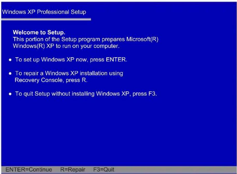 Windows XP Professional Setup Welcome to Setup. This portion of the Setup program prepares Microsoft(R) Windows(R) XP to run on your computer. • To set up Windows XP now, press ENTER. • To repair a Windows XP installation using Recovery Console, press R. • To quit Setup without installing Windows XP, press F3. ENTER=Continue R=Repair F3=Quit