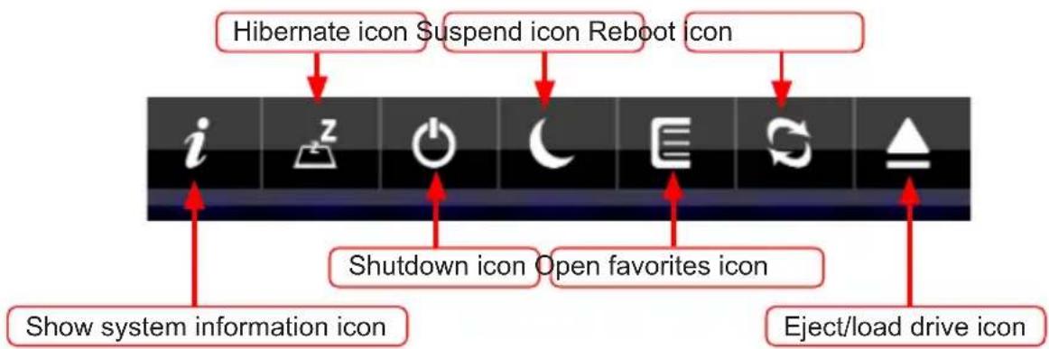 Hibernate icon Suspend icon Reboot icon i z Shutdown icon Open favorites icon Show system information icon Eject/load drive icon