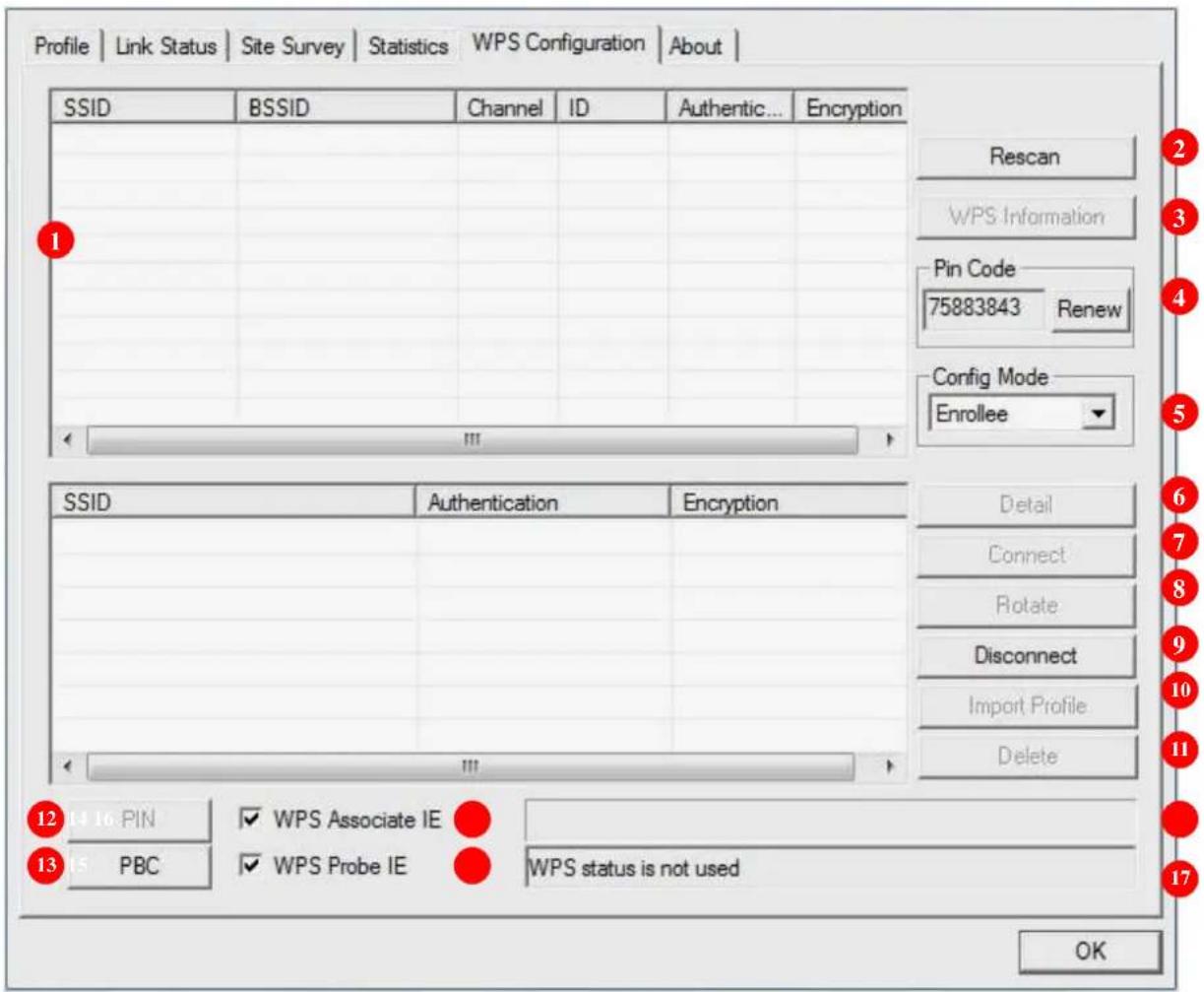 Profile | Link Status | Site Survey | Statistics | WPS Configuration | About | SSID BSSID Channel ID Authentic... Encryption Rescan WPS Information Pin Code 75883843 Renew Config Mode Enrollee SSID Authentication Encryption Detail Connect Rotate Disconnect Import Profile Delete 12 14 16 PIN ✓ WPS Associate IE 13 15 PBC ✓ WPS Probe IE ✓ WPS status is not used OK