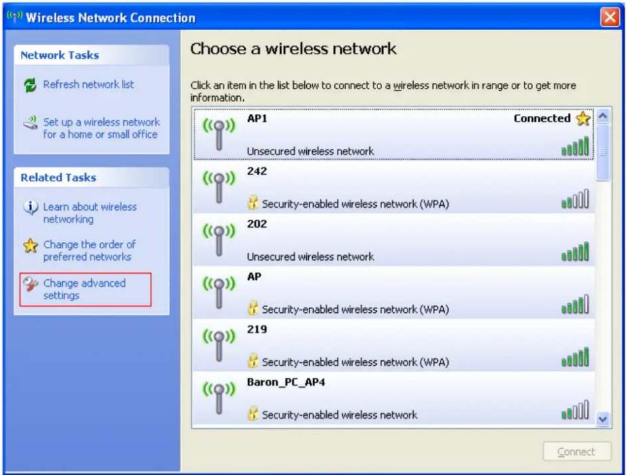 Wireless Network Connection Choose a wireless network Click an item in the list below to connect to a wireless network in range or to get more information. Network Tasks Refresh network list Set up a wireless network for a home or small office Related Tasks Learn about wireless networking Change the order of preferred networks Change advanced settings AP1 Unsecured wireless network Connected 242 Security-enabled wireless network (WPA) 202 Unsecured wireless network AP Security-enabled wireless network (WPA) 219 Security-enabled wireless network (WPA) Baron_PC_AP4 Security-enabled wireless network Connect