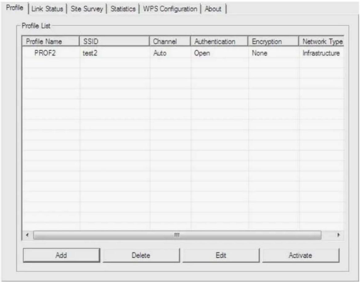 Profile | Link Status | Site Survey | Statistics | WPS Configuration | About | Profile List Profile Name SSID Channel-Augentication Encryption Network Type PROF2 Hydro Open None Infrastructure Add Delete Edit Activate