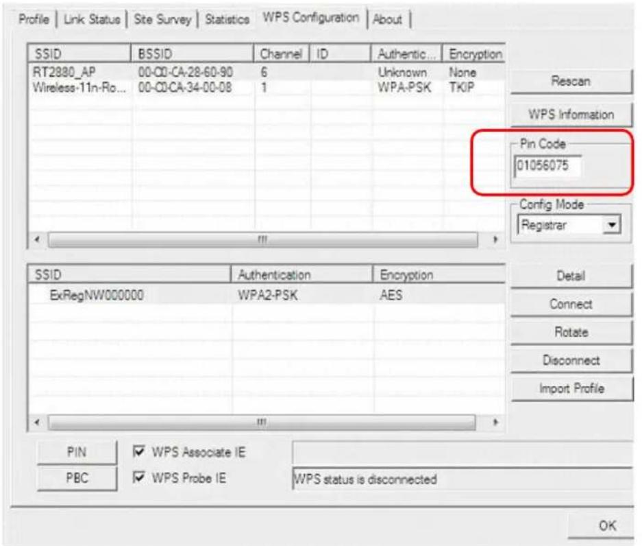 Profile | Link Status | Site Survey | Statistics | WPS Configuration | About | SSID BSSID Channel ID Authentic... Encryption RT2880_AP 00-CD-CA-28-60-90 6 Unknown None Wireless-11n-Ro... 00-CD-CA-34-00-08 1 WPA-PSK TKIP Pin Code 01056075 Config Mode Registrar SSID Authentication Encryption ExRegNW000000 WPA2-PSK AES PIN ✓ WPS Associate IE PBC ✓ WPS Probe IE WPS status is disconnected Rescan WPS Information Detail Connect Rotate Disconnect Import Profile OK