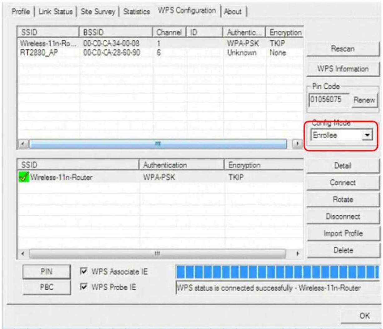 Profile | Link Status | Site Survey | Statistics | WPS Configuration | About | SSID BSSID Channel ID Authentic... Encryption Wireless-11n-Ro... 00-C0-CA:34-00-08 1 WPA-PSK TKIP RT2880_AP 00-C0-CA:28-60-90 6 Unknown None Config Mode Enrollee SSID Authentication Encryption ✓ Wireless-11n-Router WPA-PSK TKIP Detail Connect Rotate Disconnect Import Profile Delete PIN ✓ WPS Associate IE PBC ✓ WPS Probe IE WPS status is connected successfully - Wireless-11n-Router OK