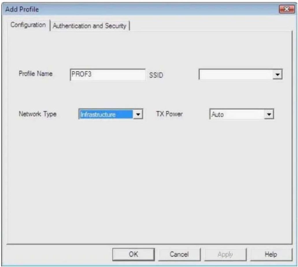 Add Profile Configuration | Authentication and Security | Profile Name PROF3 SSID Network Type Infrastructure TX Power Auto OK Cancel Apply Help