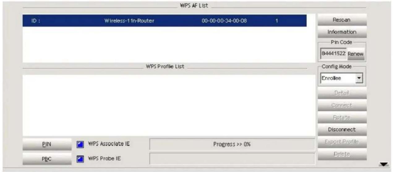 WPS AF List ID : Wireless-1 In-Router 00-00-00-34-00-08 1 WPS Profile List PIN WPS Associate IE Progress >> 0% PBC WPS Probe IE Rescan Information Pin Code 84441522 Renew Config Mode Enrollee Detail Connect Rotate Disconnect Export Profile Delete