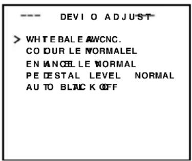 --- DEVIO ADJUST > WHITE BALE AWCNC. CO DUR LE NORMALEL EN MANCEL LE NORMAL PE DESTAL LEVEL NORMAL AU TO BLACK K OFF