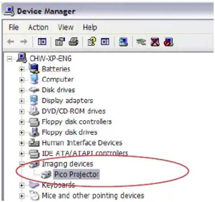 Device Manager File Action View Help CHW-XP-ENG + Batteries + Computer + Disk drives + Display adapters + DVD/CD-ROM drives + Floppy disk controllers + Floppy disk drives + Human Interface Devices + IDE ATA/ATAPI controllers Imaging devices Pico Projector + Keyboards + Mice and other pointing devices
