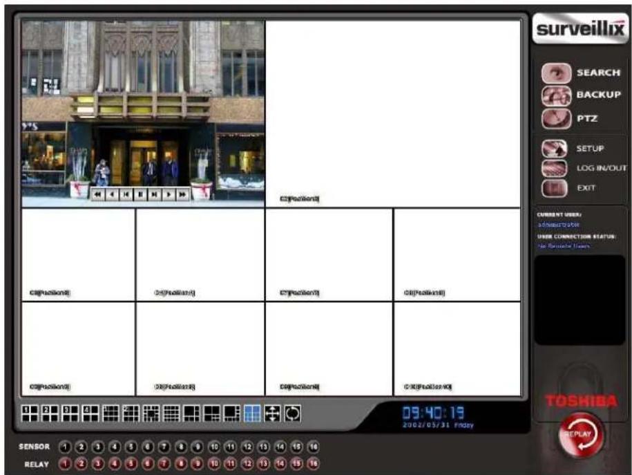 surveillix SEARCH BACKUP PTZ SETUP LOG IN/OUT EXIT CURRENT USER ADMINISTRATION USER CONNECTION STATUS: No Service Users 09:40:19 2002/05/31 Friday SENSOR 1 2 3 4 5 6 7 8 9 10 11 12 13 14 15 16 RELAY 1 2 3 4 5 6 7 8 9 10 11 12 13 14 15 16 C:\Position\(\square\) C:\Position\(\square\) C:\Position\(\sq…