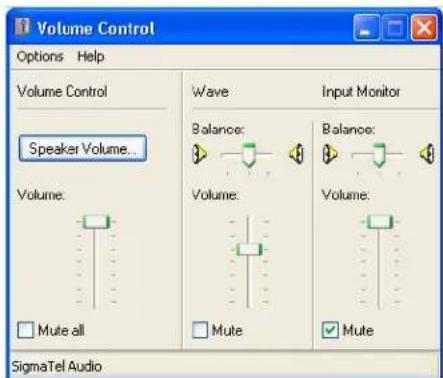 Volume Control Options Help Volume Control Speaker Volume... Volume: Mute all Wave Input Monitor Balance: Volume: Mute Balance: Volume: Mute SigmaTel Audio
