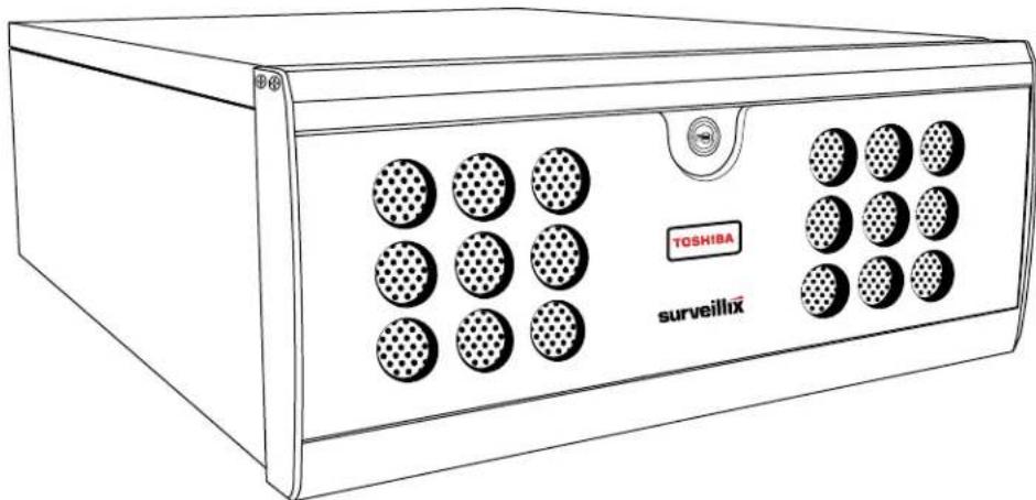 Line drawing of a server rack unit with TOSHIBA and surveillix buttons (no text or symbols on main body)