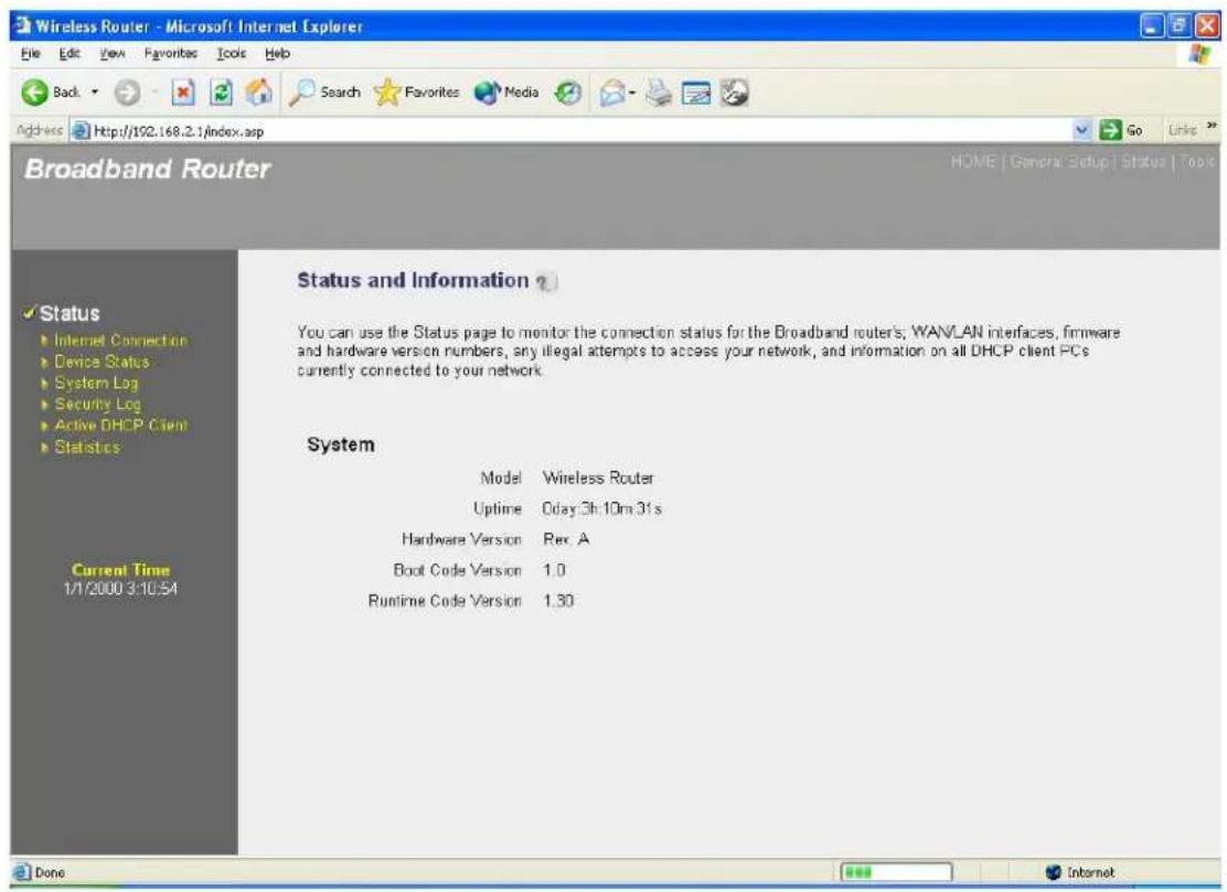 Wireless Router - Microsoft Internet Explorer File Edit View Favorites Tools Help Back Search Favorites Media Go Links Address http://102.168.2.1/index.asp Broadband Router Status and Information You can use the Status page to monitor the connection status for the Broadband routers, WANLAN interfaces, firmware and hardware version numbers, any illegal attempts to access your network, and information on all DHCP client PCs currently connected to your network. System Model Wireless Router Uptime Oday 3h:10m 31s Hardware Version Rev. A Boot Code Version 1.0 Runtime Code Version 1.30 Current Time 1/1/2000 3:10:54 Done