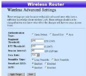 Wireless Router Wireless Advanced Settings These settings are only for more information-advanced users who have a sufficient knowledge about wireless LAN. These settings should be changed using you to know what effects the changes will have to your access packet. Authentication Type: ○ Open Device ○ Based Key ○ Auto Protocol Threshold: □ 200 (200/200) RTS Threshold: □ 200 (200/200) Device Interval: All: 200 (200/200) Data Rate: Auto Possible Type: ○ Log Bubble ● Cloud Bubble Broadcast SDD: ○ Limited ○ Limited IAP3: ○ Limited ○ Limited Apply Change Save