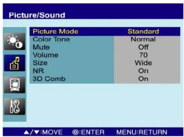 Picture/Sound Picture Mode Standard Color Tone Normal Mute Off Volume 70 Size Wide NR On 3D Comb On ▲/▼:MOVE @:ENTER MENU:RETURN