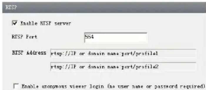 RTSP ✓ Enable RTSP server RTSP Port 554 RTSP Address rtsp://IP or domain name port/profile1 rtsp://IP or domain name port/profile2 □ Enable anonymous viewer login (no user name or password required)