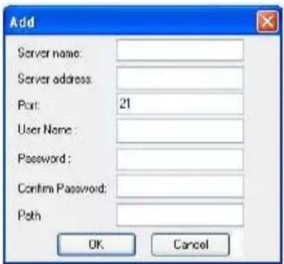 Add Server name: Server address: Port: 21 User Name : Password: Confirm Password: Path: OK Cancel