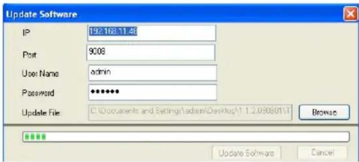 Update Software IP 192168.11.48 Port 9008 User Name admin Password ••••••• Update File C:\Documents and Settings\admin\Desktop\1.1.2.090801\T Browse Update Software Cancel