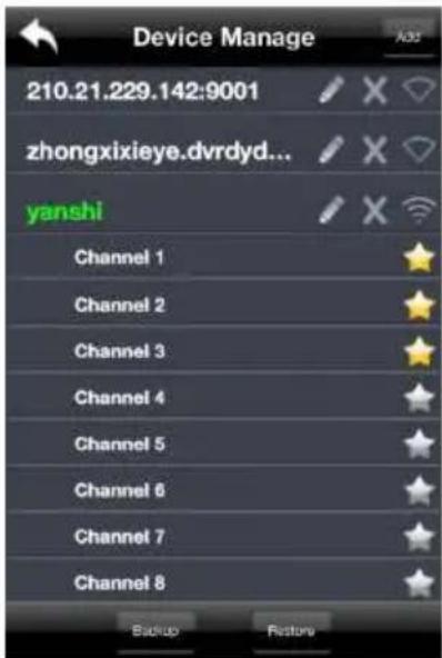 Device Manage 210.21.229.142:9001 zhongxixieye.dvrdyd... yanshi Channel 1 Channel 2 Channel 3 Channel 4 Channel 5 Channel 6 Channel 7 Channel 8 Backup Restore