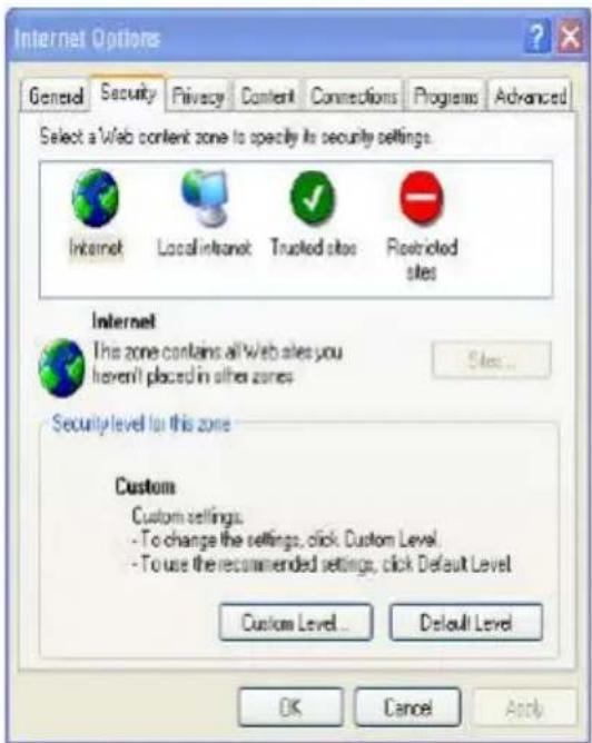 Internet Options General Security Privacy Content Connections Programs Advanced Select a Web content zone to specify its security settings. Internet Local Intranet Truclod sites Restricted sites Internet This zone contains all Web sites you haven't placed in other zones Security level to this zone Custom Custom settings: - To change the settings, click Custom Level - To use the recommended settings, click Default Level Custom Level... Default Level OK Cancel Apply