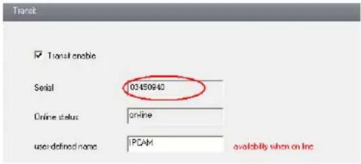 Transk ✓ Transl enable Serial 03450840 Online status online user-defined name IPCAM availability when on Inc