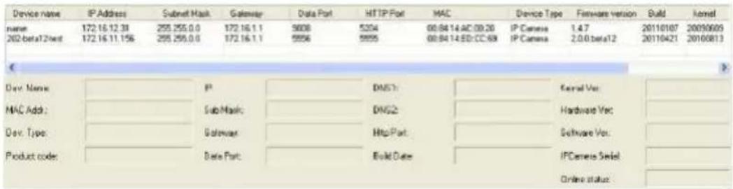 Device name IP Address Subnet Mask Gateway Data Port HTTP Port MAC Device Type Firmware version Build kernel name 172.16.12.38 255.255.0.0 172.16.1.1 5008 5204 00:04:14:AC:09:20 IP Camera 1.4.7 20110107 20090609 202-beta12/next 172.16.11.156 255.255.0.0 172.16.1.1 5556 5555 00:04:14:ED:CC:69 IP Camera 2.0.0 beta12 20110421 20100813 Dev. Name P DNS? Kernel Ver MAC Add: Sub Mask DNS2 Hardware Vec Dev. Type Gatemax Http Port Software Vcc Product code Date Port Build Date IPCamera Serial Online status