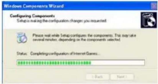 Windows Components Wizard Configuring Components Setup is making the configuration changes you requested. Please wait while Setup configures the components. This may take several minutes, depending on the components selected. Status: Completing configuration of Internet Games... + (Back) Next > + (Next)