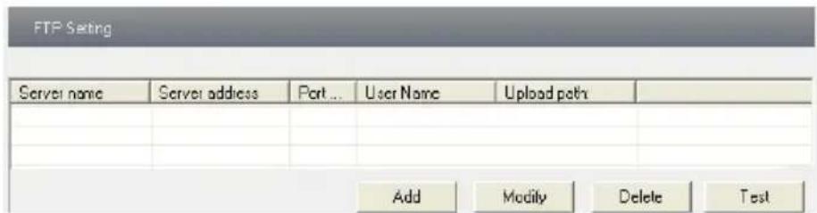 FTP Setting Server name Server address Port... User Name Upload path Add Modify Delete Test