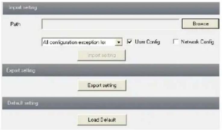 Import setting Path Browse All configuration exception lo: User Config Network Config Import setting Export setting Export setting Default setting Load Default