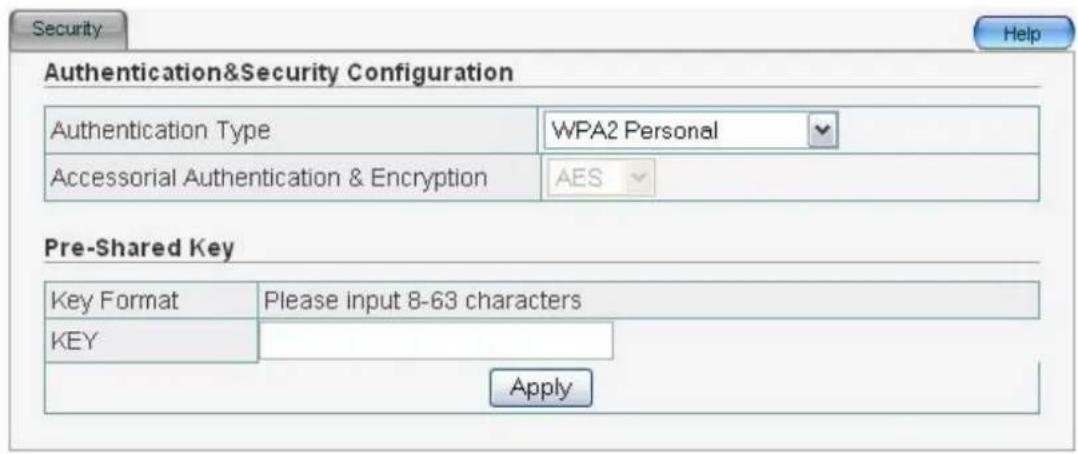 Security Authentication&Security Configuration Authentication Type WPA2 Personal Accessorial Authentication & Encryption AES Pre-Shared Key Key Format Please input 8-63 characters KEY Apply