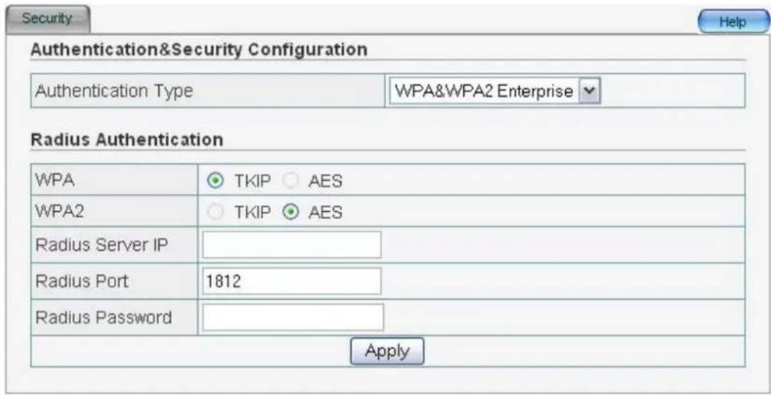 Authentication&Security Configuration Authentication Type WPA&WPA2 Enterprise Radius Authentication WPA TKIP AES WPA2 TKIP AES Radius Server IP Radius Port 1812 Radius Password Apply